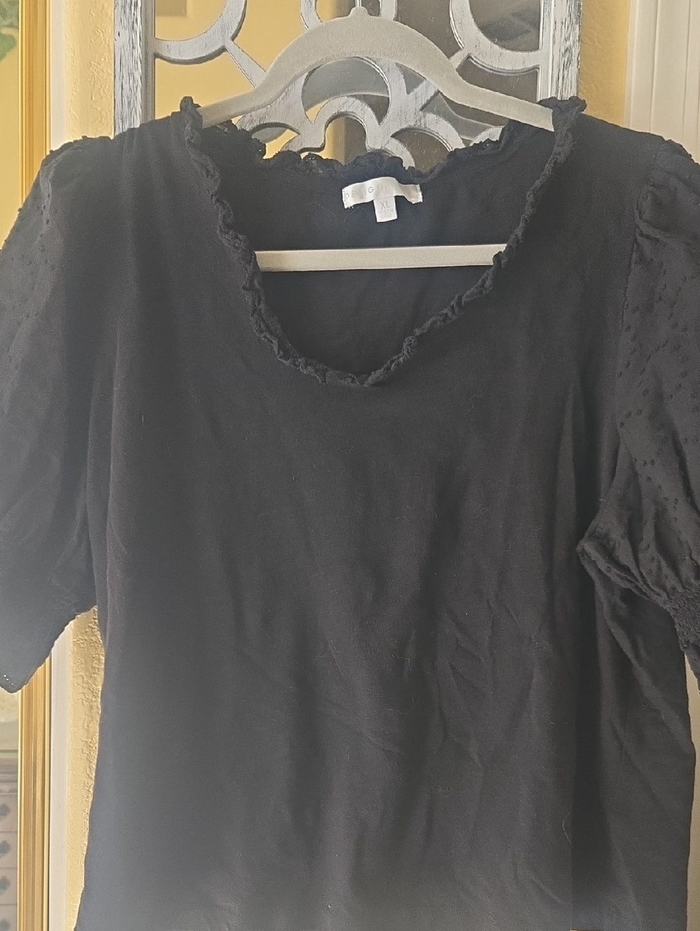 Black Women's Puff Sleeve Top with Ruffle Neckline